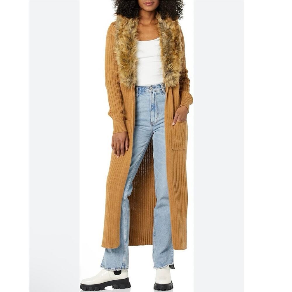 Show Me Your Mumu Women's Lombardi Faux Fur Wide Ribbed Long Cardigan Hazelnut M